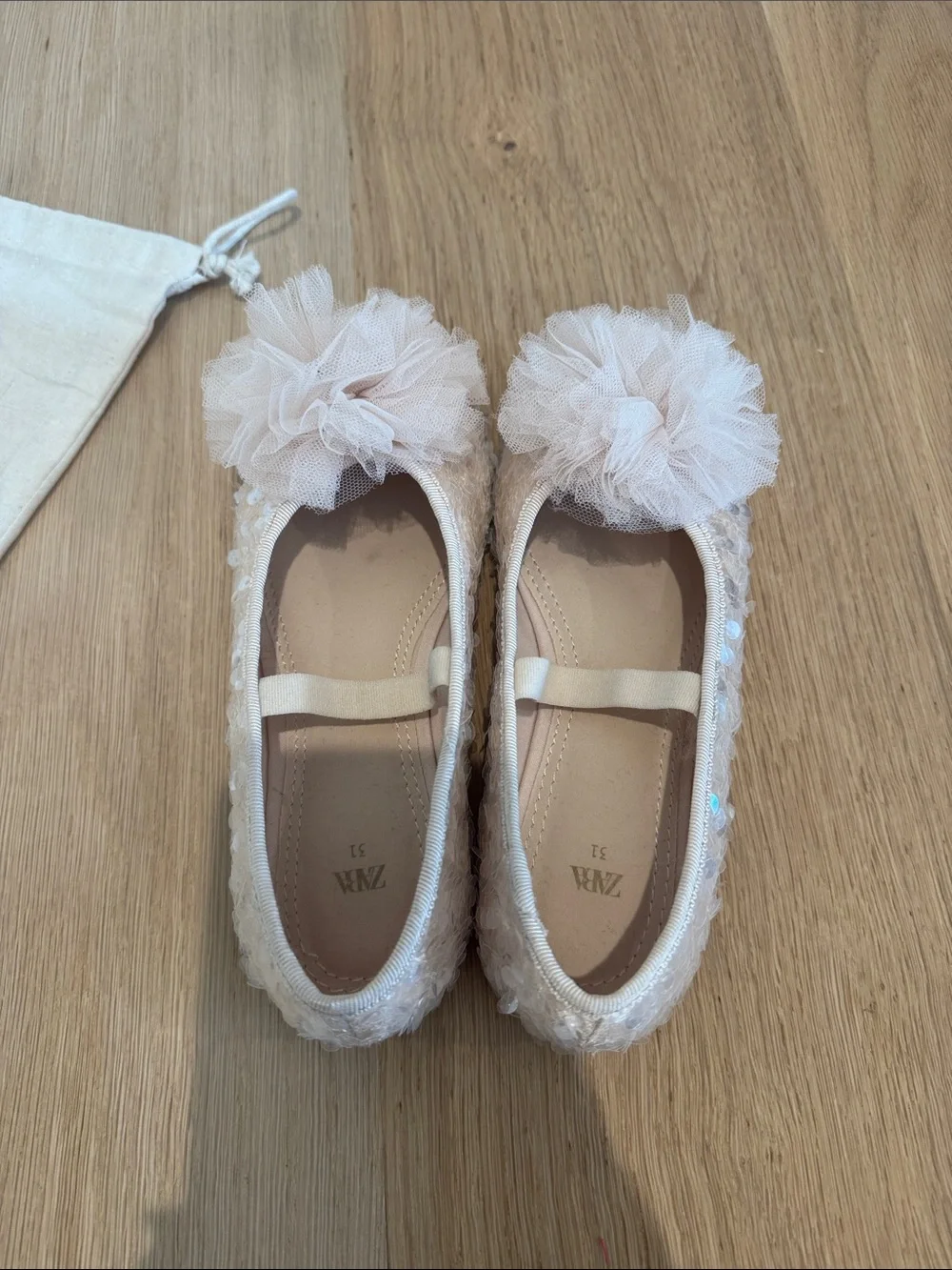 ZARA little Girls Blush Pink Sequin Tulle Pom Ballet Flats